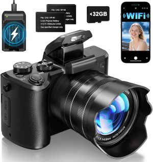 8K Digital Cameras for Photography - Autofocus 88MP WiFi Vlogging Camera for YouTube with Dual-Lens - 16X Digital Zoom Vlog Camera with Lens Hood, Flash, Touch Screen, 2 Batteries, 32GB TF Card